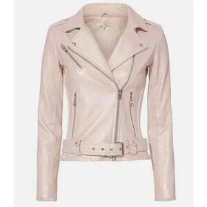 IRO PARIS Milaspe Light Baby Metallic Pink Lambskin Leather Moto Biker Jacket 38